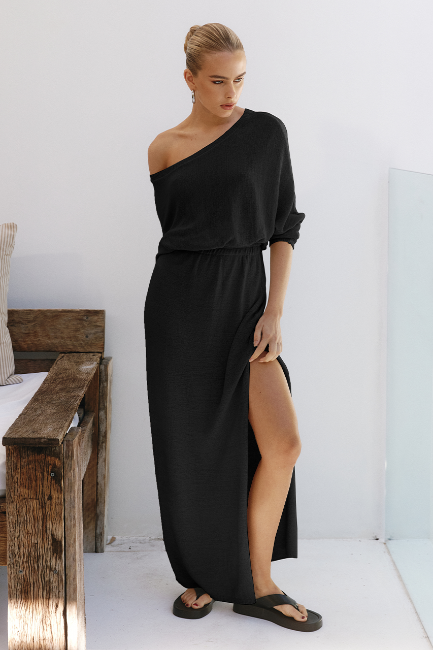 Black One Shoulder Maxi Dress with Long Sleeve