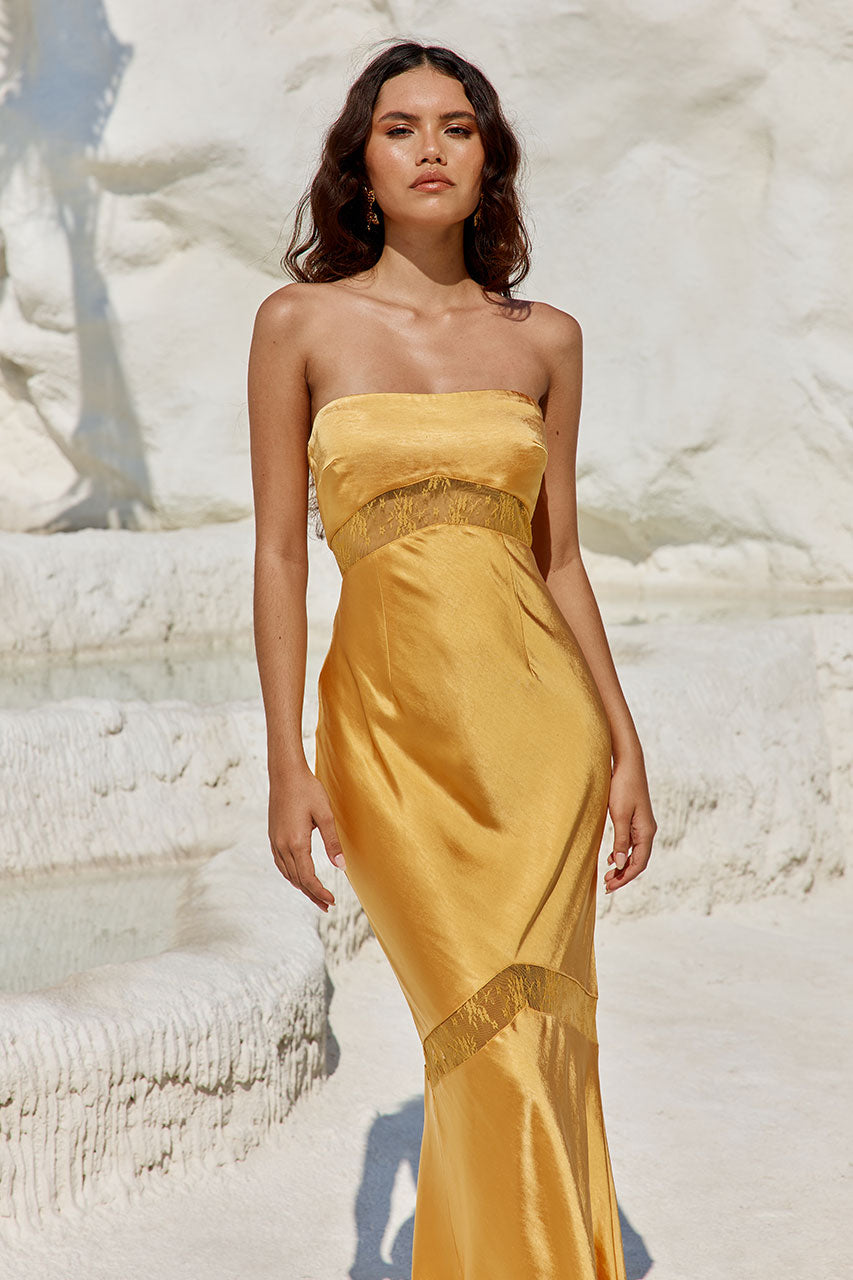 Mustard yellow shop strapless dress